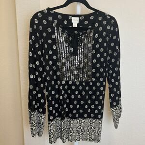 Chicos Womens Black Tan Boho Long Sleeve Sequin Tunic Top Blouse Size 1 Medium